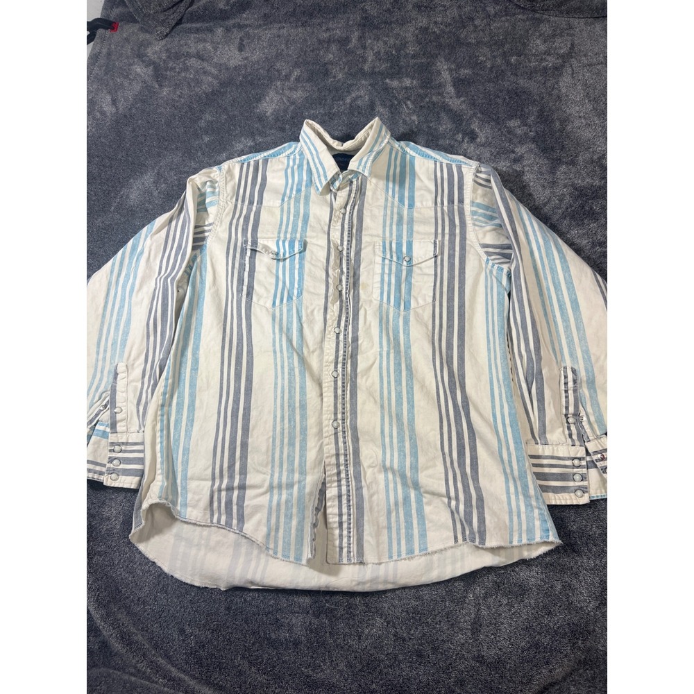 Wrangler Western Snap Shirt Mens XL Blue Grey Striped X-Long Tails Pearl Snap